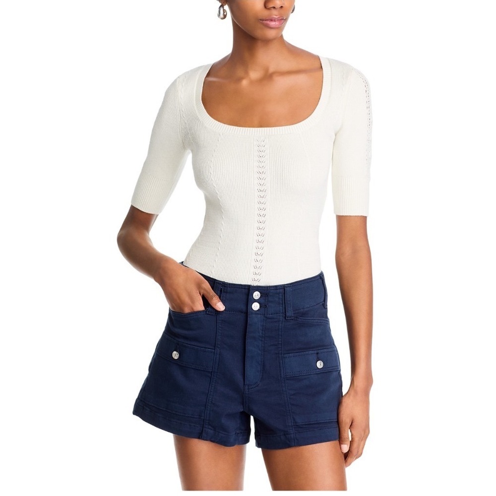 Paige Kiley‎ Top Ivory Ribbed Silk Blend Open Knit Short Sleeve Medium